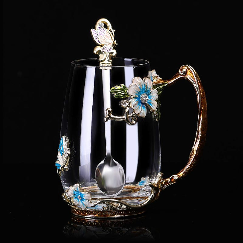 Luka Tech Enamel Butterfly flower Glass Mug with Spoon, Gifts For Women Wife Mom Friends Birthday Mothers Valentines Day Christmas (Blue-Tal) - Image 2
